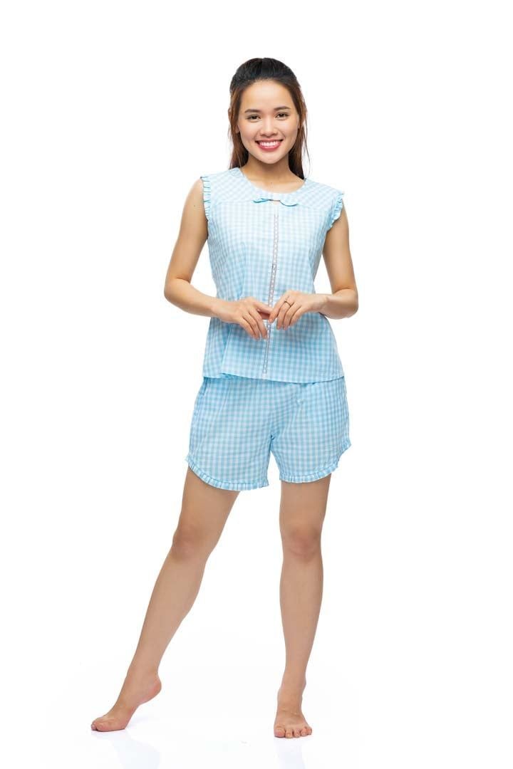 Q43219090 - Đồ bộ mặc nhà cotton quần đùi áo cộc tay họa tiết caro đơn giản
