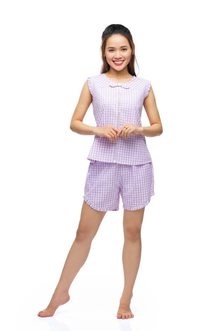 Q43219090 - Đồ bộ mặc nhà cotton quần đùi áo cộc tay họa tiết caro đơn giản