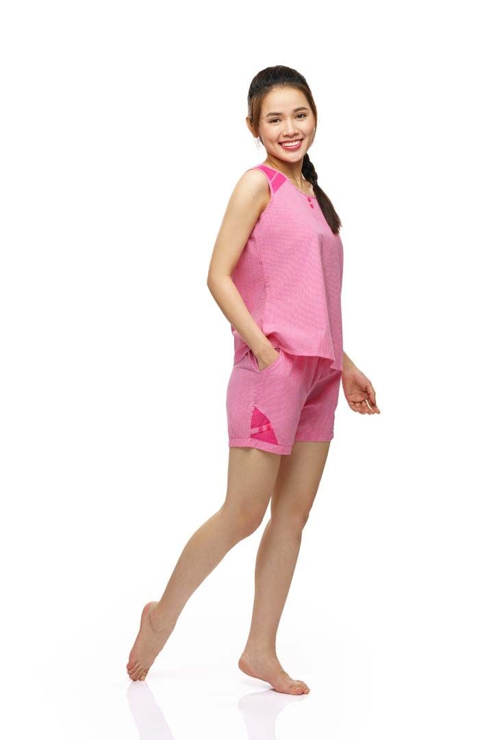 Q43318040 - Bộ ngắn Kate họa tiết kẻ sọc caro đơn giản có túi xuất xứ Việt Nam - Thời trang Quế Lâm