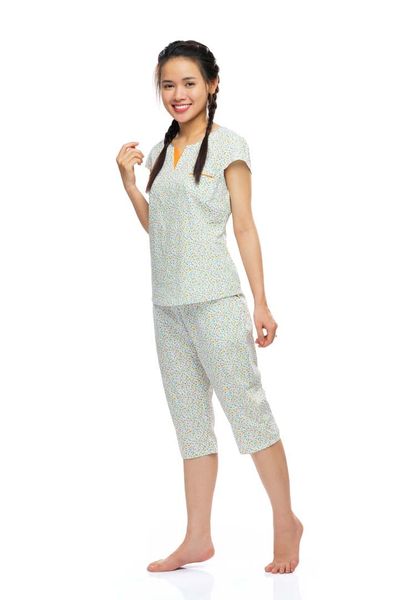 Q44212202 - Bộ lửng cotton hoa, cổ tròn, xẻ V phối,túi ngực phối lé