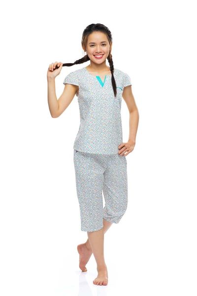 Q44212202 - Bộ lửng cotton hoa, cổ tròn, xẻ V phối,túi ngực phối lé