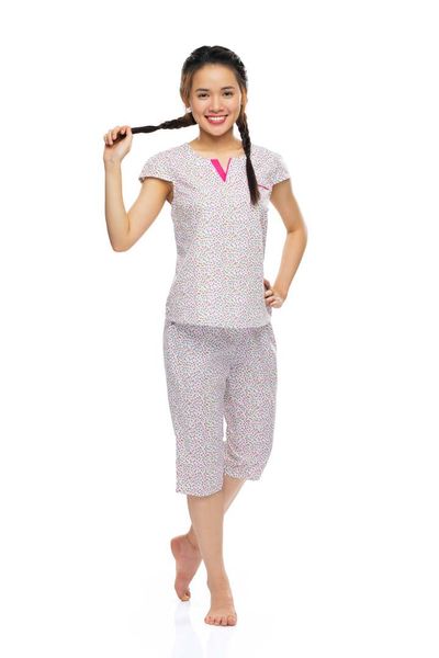 Q44212202 - Bộ lửng cotton hoa, cổ tròn, xẻ V phối,túi ngực phối lé