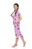  Q44212204 - Bộ lửng cotton hoa Pijama nữ, tay ngắn phối lé, nẹp khuy, nơ ngực 
