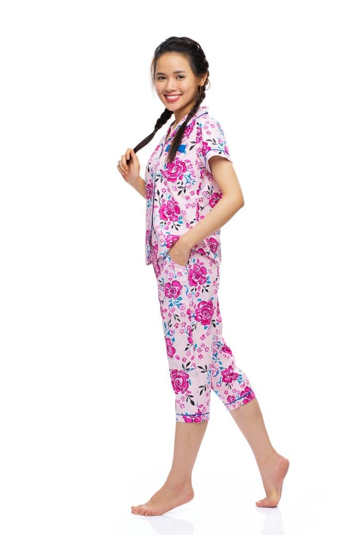  Q44212204 - Bộ lửng cotton hoa Pijama nữ, tay ngắn phối lé, nẹp khuy, nơ ngực 