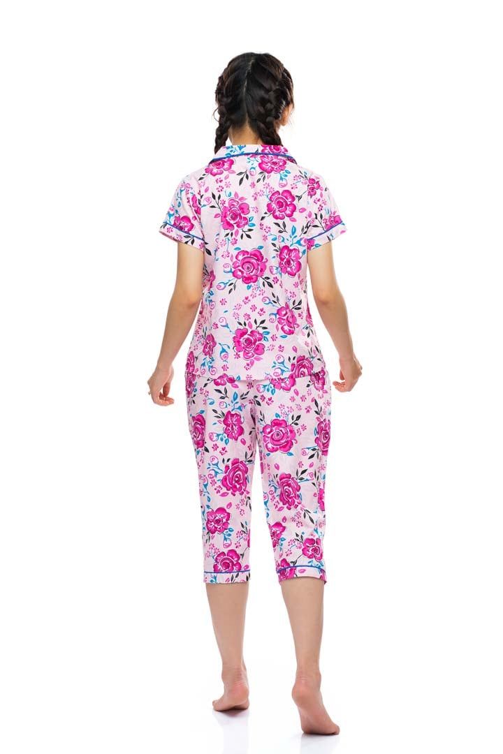  Q44212204 - Bộ lửng cotton hoa Pijama nữ, tay ngắn phối lé, nẹp khuy, nơ ngực 