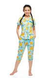  Q44212204 - Bộ lửng cotton hoa Pijama nữ, tay ngắn phối lé, nẹp khuy, nơ ngực 