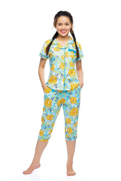 Q44212204 - Bộ lửng cotton hoa Pijama nữ, tay ngắn phối lé