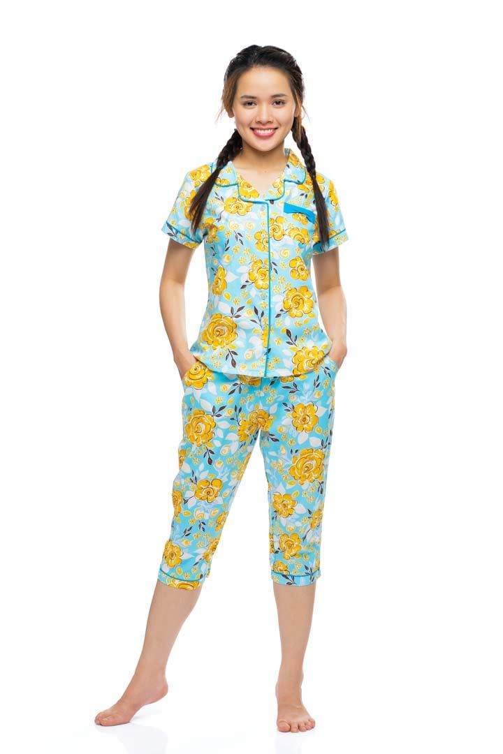  Q44212204 - Bộ lửng cotton hoa Pijama nữ, tay ngắn phối lé, nẹp khuy, nơ ngực 