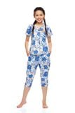  Q44212204 - Bộ lửng cotton hoa Pijama nữ, tay ngắn phối lé, nẹp khuy, nơ ngực 