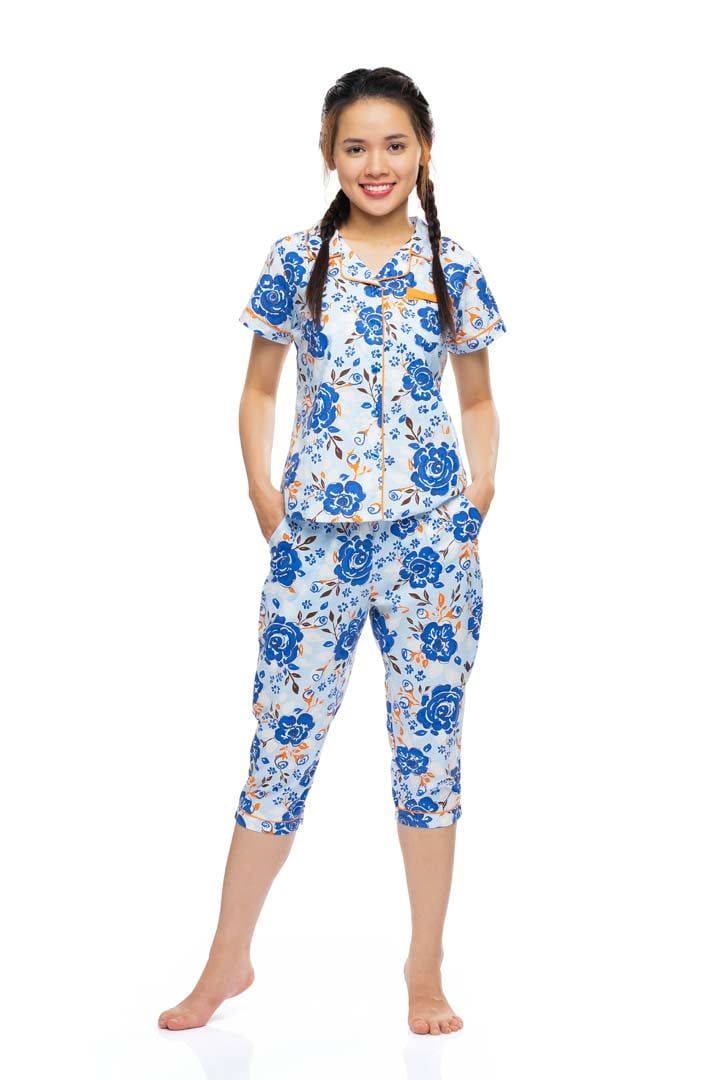  Q44212204 - Bộ lửng cotton hoa Pijama nữ, tay ngắn phối lé, nẹp khuy, nơ ngực 