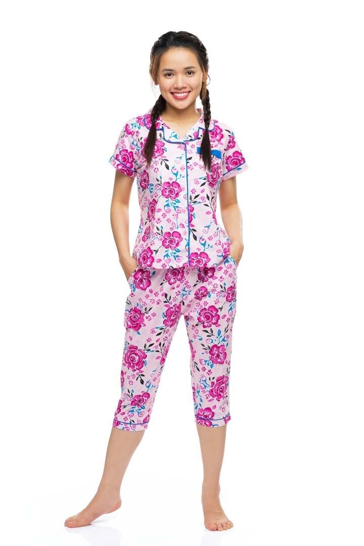  Q44212204 - Bộ lửng cotton hoa Pijama nữ, tay ngắn phối lé, nẹp khuy, nơ ngực 