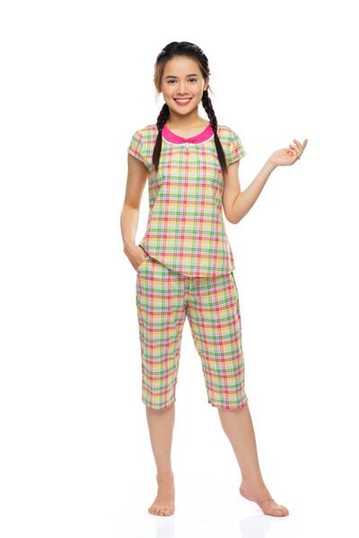 Q44219130 - Đồ bộ mặc nhà nữ, set quần áo lửng ngố thời trang Quế Lâm chất 100% cotton thoáng mát, họa tiết caro