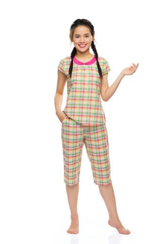Q44219130 - Đồ bộ mặc nhà nữ, set quần áo lửng ngố thời trang Quế Lâm chất 100% cotton thoáng mát, họa tiết caro