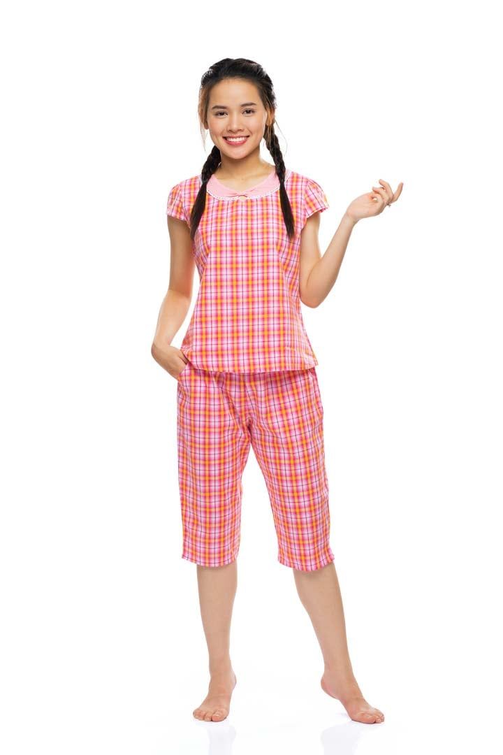 Q44219130 - Đồ bộ mặc nhà nữ, set quần áo lửng ngố thời trang Quế Lâm chất 100% cotton thoáng mát, họa tiết caro