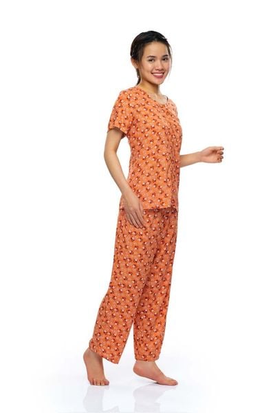 Q45112203 - Bộ dài rayon/ viscose hoa cổ tròn, rã đô, tay ngắn, 2 túi