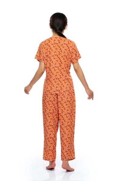 Q45112203 - Bộ dài rayon/ viscose hoa cổ tròn, rã đô, tay ngắn, 2 túi