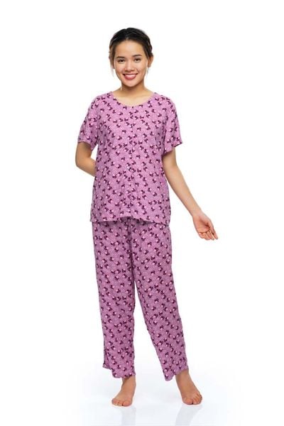 Q45112203 - Bộ dài rayon/ viscose hoa cổ tròn, rã đô, tay ngắn, 2 túi