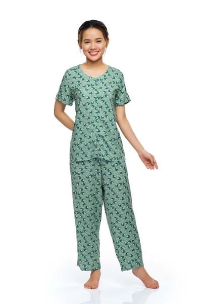 Q45112203 - Bộ dài rayon/ viscose hoa cổ tròn, rã đô, tay ngắn, 2 túi