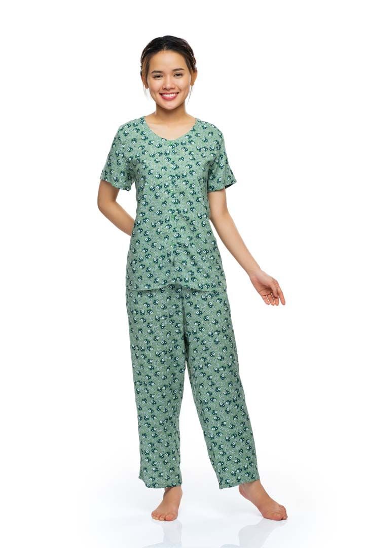 Q45112203 - Bộ dài rayon/ viscose hoa cổ tròn, rã đô, tay ngắn, 2 túi