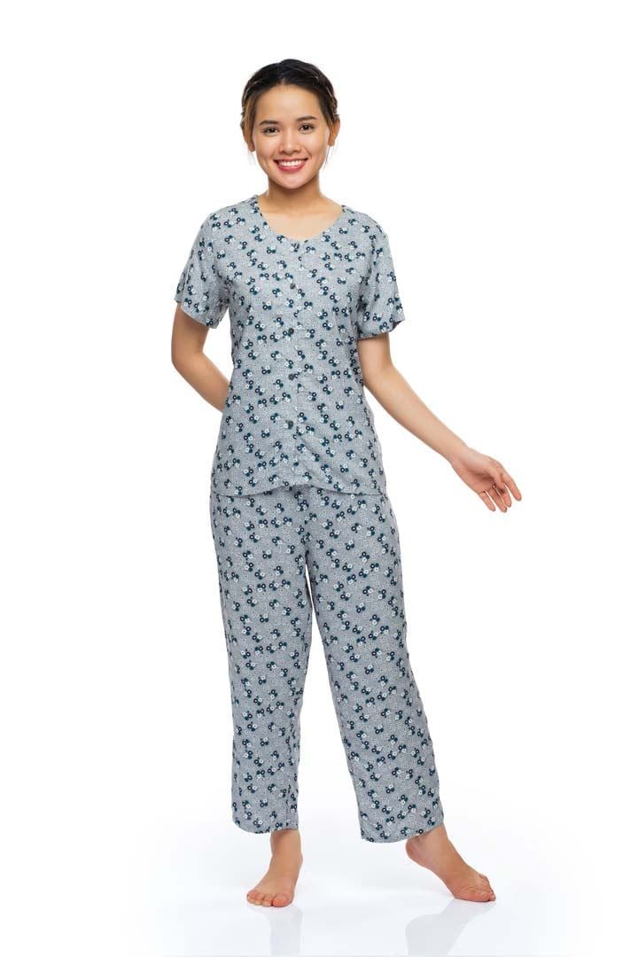 Q45112203 - Bộ dài rayon/ viscose hoa cổ tròn, rã đô, tay ngắn, 2 túi