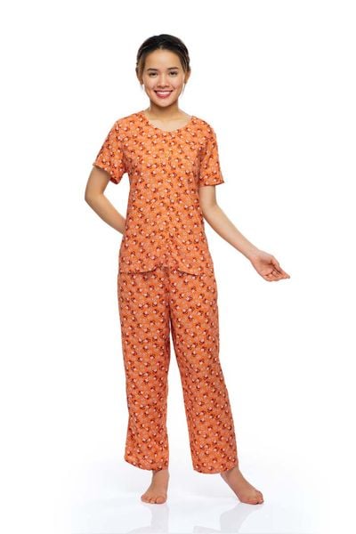 Q45112203 - Bộ dài rayon/ viscose hoa cổ tròn, rã đô, tay ngắn, 2 túi