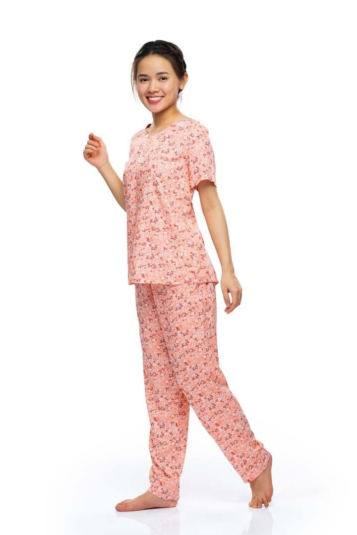  Q45112209 - Bộ dài Rayon/ viscose hoa cổ tim bầu, nẹp trụ, phối ren,tay ngắn 