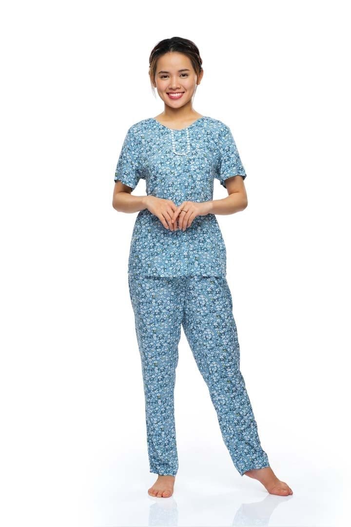  Q45112209 - Bộ dài Rayon/ viscose hoa cổ tim bầu, nẹp trụ, phối ren,tay ngắn 