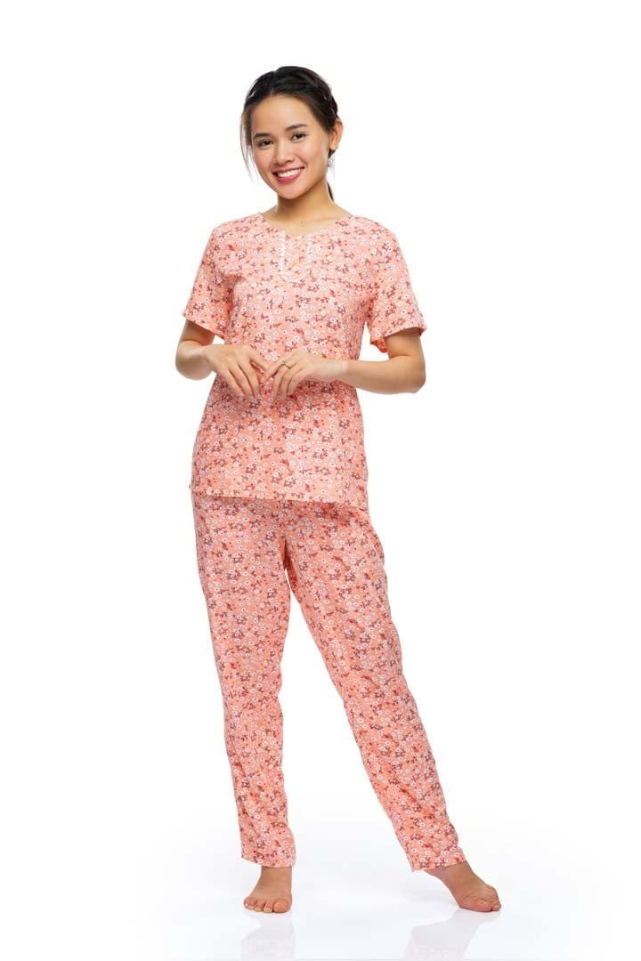  Q45112209 - Bộ dài Rayon/ viscose hoa cổ tim bầu, nẹp trụ, phối ren,tay ngắn 