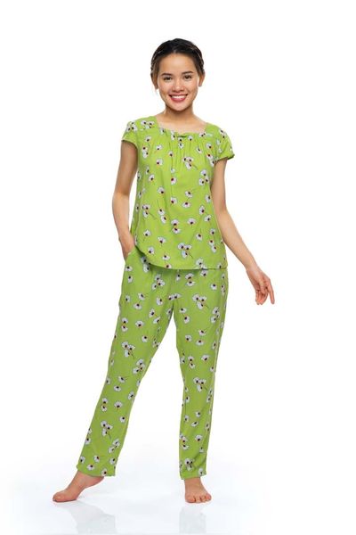 Q45112304 - Đồ Bộ Dài Rayon/ Viscose Nữ Mặc Nhà QUẾ LÂM Cổ Vuông Nhún Tay Ngắn
