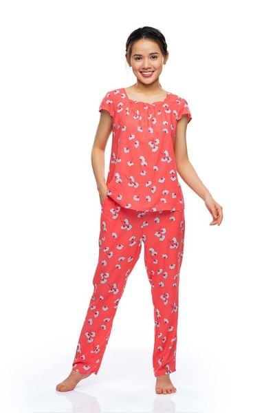 Q45112304 - Đồ Bộ Dài Rayon/ Viscose Nữ Mặc Nhà QUẾ LÂM Cổ Vuông Nhún Tay Ngắn