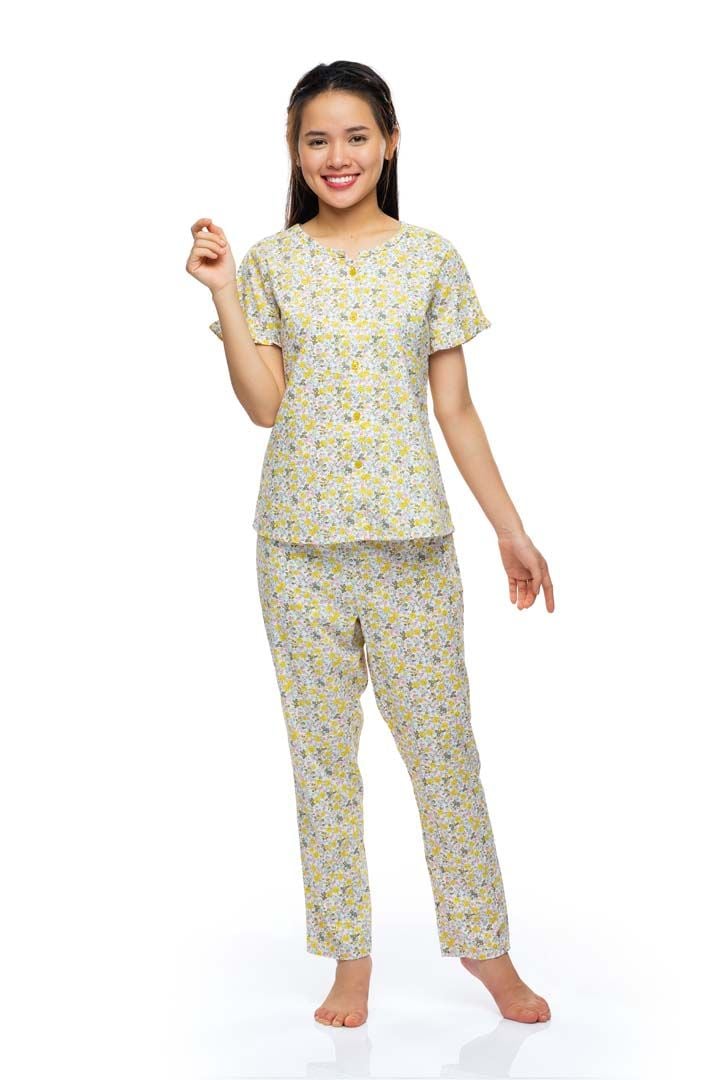  Q45212201 - Bộ dài cotton hoa cổ tròn viền béo,có nút 