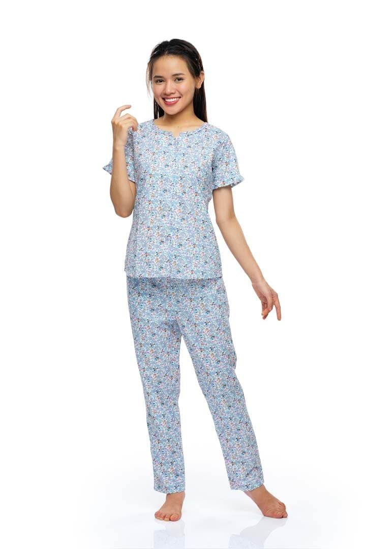  Q45212201 - Bộ dài cotton hoa cổ tròn viền béo,có nút 