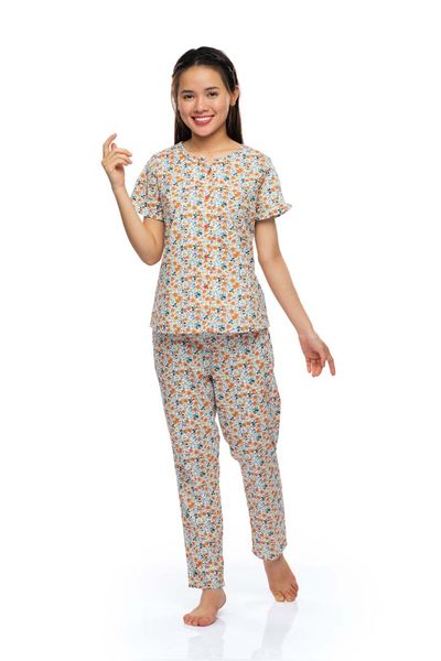 Q45212201 - Bộ dài cotton hoa cổ tròn viền béo,có nút