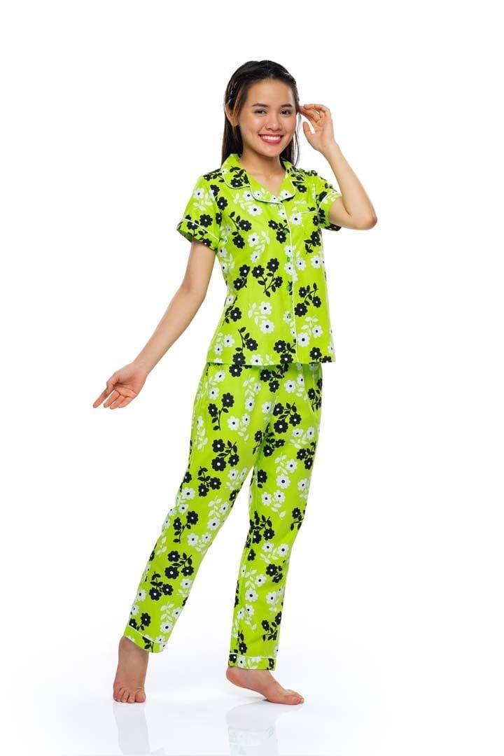  Q45212202 - Bộ dài cotton hoa Pyzama viền lé tay ngắn 
