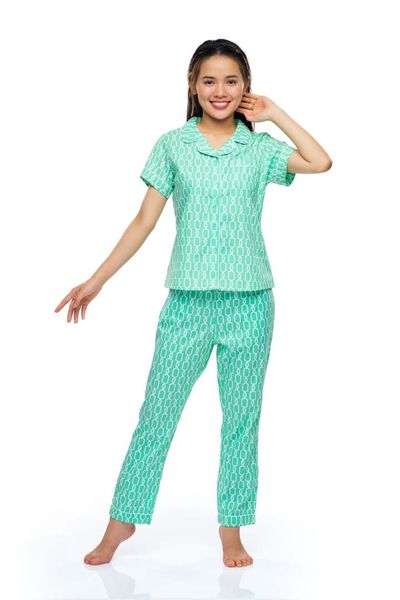 Q45212202 - Bộ dài cotton hoa Pyzama viền lé tay ngắn