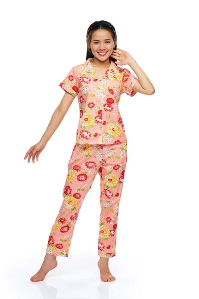 Q45212202 - Bộ dài cotton hoa Pyzama viền lé tay ngắn