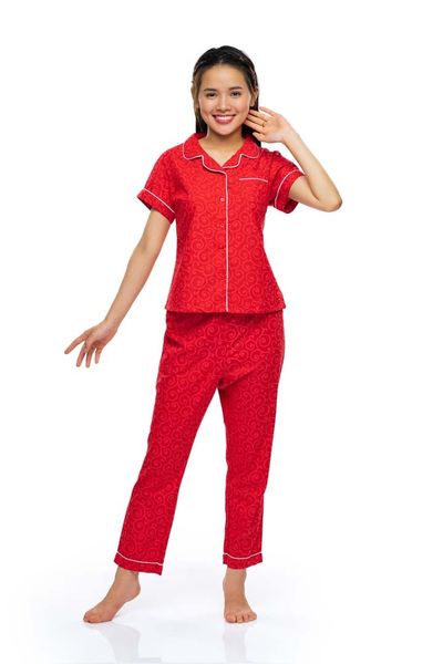 Q45212202 - Bộ dài cotton hoa Pyzama viền lé tay ngắn