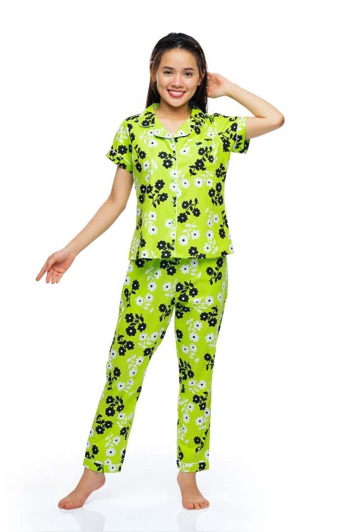  Q45212202 - Bộ dài cotton hoa Pyzama viền lé tay ngắn 