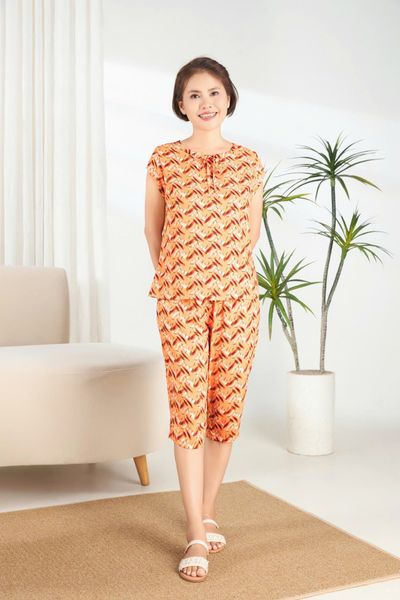 A44112302 - Bộ lửng lanh/ rayon/ viscose hoa cổ nhún bèo,dây rút thắt nơ