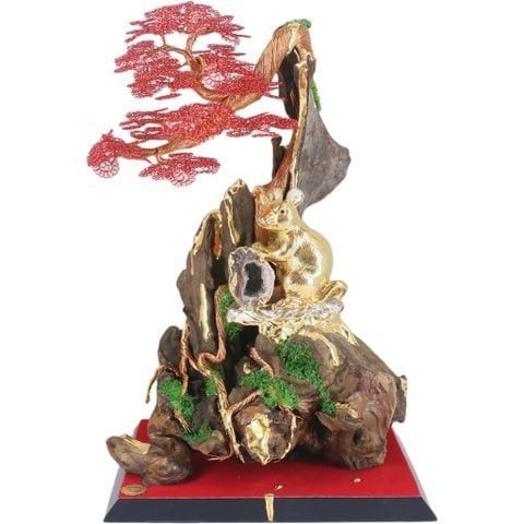 Tiểu cảnh quý linh Tý, thạch anh bonsai đế gỗ mạ vàng kèm mica đế lót