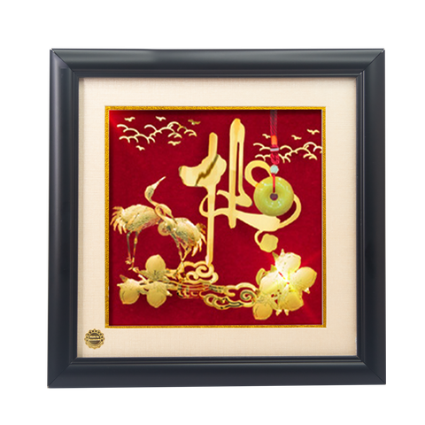 Khung tranh chim hạc và chữ Thọ MKTH227 (40x40cm), đồng mạ vàng gắn đa Onyx