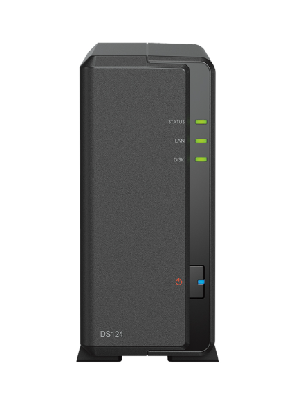 Bộ lưu trữ mạng Synology DS124 - 1-bay Plus series, RTD1619B 1.7GHz quad-core, 1 GB non-ECC DDR4, Built-in 1 x 1GbE RJ-45 LAN ports and 2 x USB 3.2 Gen 1 ports, 2Y WTY