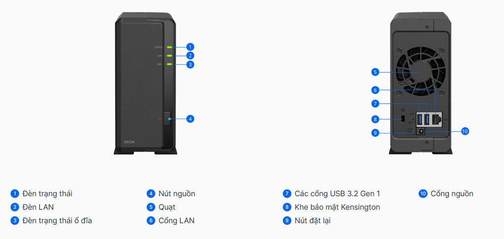 Bộ lưu trữ mạng Synology DS124 - 1-bay Plus series, RTD1619B 1.7GHz quad-core, 1 GB non-ECC DDR4, Built-in 1 x 1GbE RJ-45 LAN ports and 2 x USB 3.2 Gen 1 ports, 2Y WTY