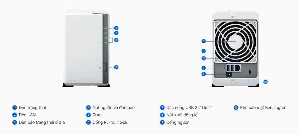 Bộ lưu trữ mạng Synology DS223j - 2-bay DiskStation, Quad Core, 1GB RAM, 1 x 1GbE RJ-45, 2Y WTY