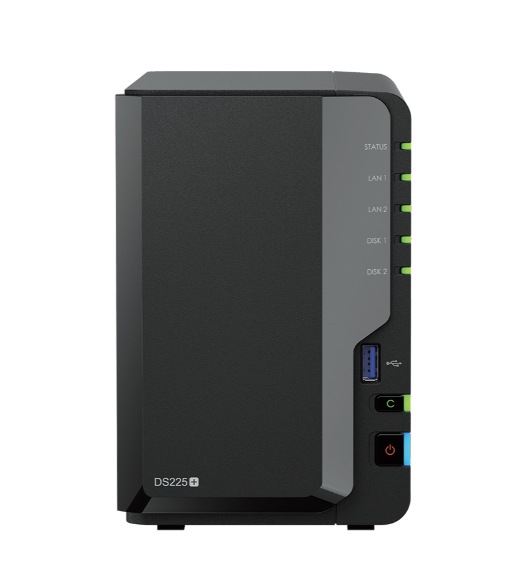 Bộ lưu trữ mạng Synology DS225+ 2-bay Plus series model with Intel Celeron J4125 quad-core, 2 GB non-ECC DDR4 SODIMM by default, Built-in 1 x 2.5GbE and 1 x 1GbE RJ-45 LAN port, 2Y WTY