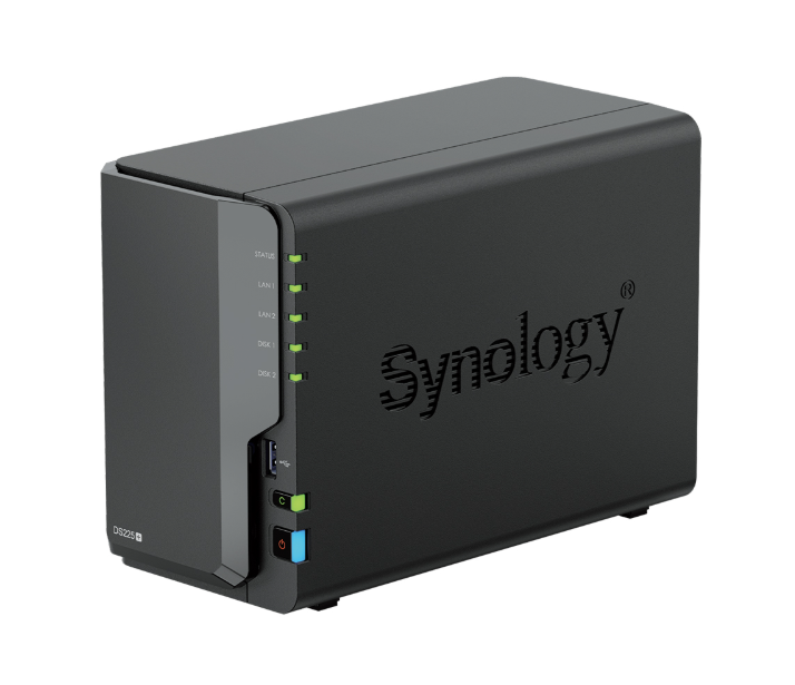 Bộ lưu trữ mạng Synology DS225+ 2-bay Plus series model with Intel Celeron J4125 quad-core, 2 GB non-ECC DDR4 SODIMM by default, Built-in 1 x 2.5GbE and 1 x 1GbE RJ-45 LAN port, 2Y WTY