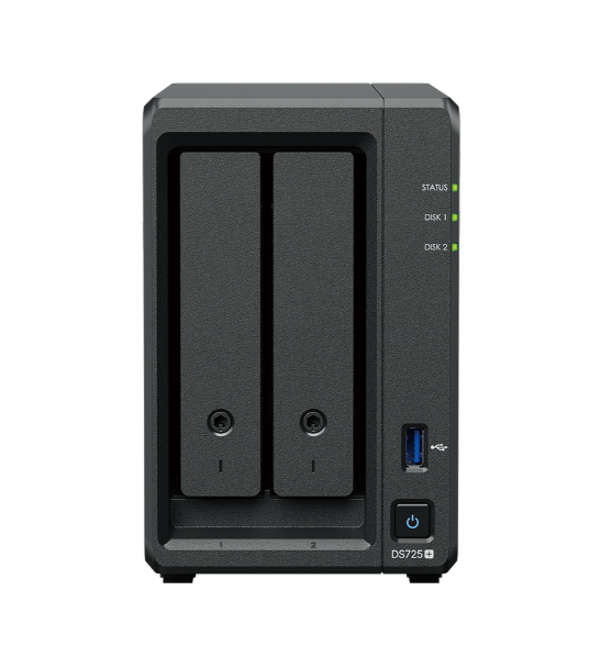 Bộ lưu trữ mạng Synology DS725+ 2-bay Plus series model (up to 7 bay) with AMD Ryzen R1600, 4 GB DDR4 ECC SODIMM, and is upgradeable to 32 GB,Built-in two M.2 NVMe slots and 1 x 2.5GbE and 1 x 1GbE RJ-45 LAN port, 3Y WTY