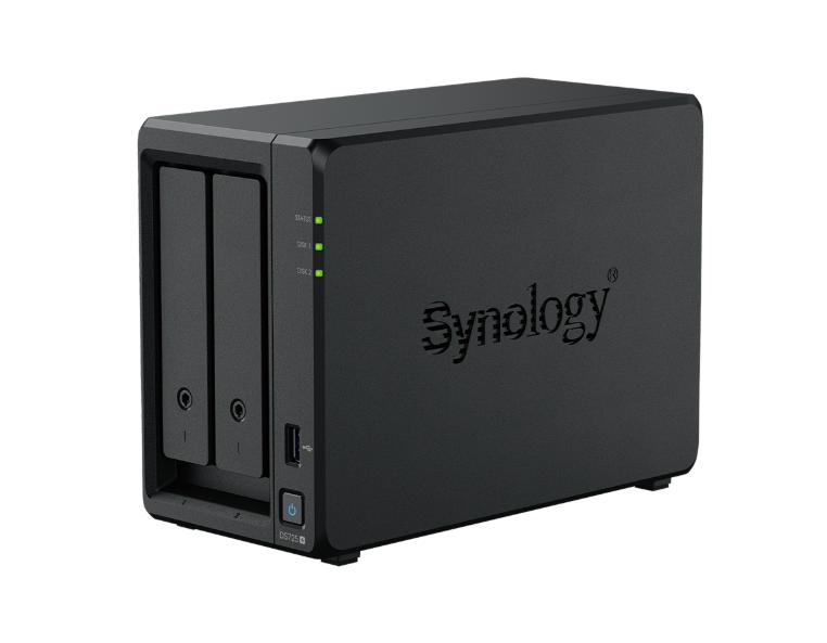 Bộ lưu trữ mạng Synology DS725+ 2-bay Plus series model (up to 7 bay) with AMD Ryzen R1600, 4 GB DDR4 ECC SODIMM, and is upgradeable to 32 GB,Built-in two M.2 NVMe slots and 1 x 2.5GbE and 1 x 1GbE RJ-45 LAN port, 3Y WTY