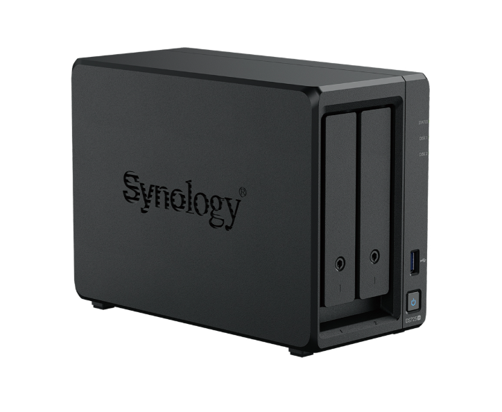 Bộ lưu trữ mạng Synology DS725+ 2-bay Plus series model (up to 7 bay) with AMD Ryzen R1600, 4 GB DDR4 ECC SODIMM, and is upgradeable to 32 GB,Built-in two M.2 NVMe slots and 1 x 2.5GbE and 1 x 1GbE RJ-45 LAN port, 3Y WTY