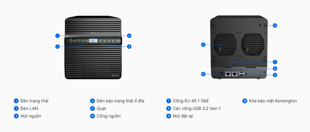 Bộ lưu trữ mạng Synology DS423 4-bay Value series Realtek RTD1619B quad-core processor, 2GB non-ECC DDR4 onboard (non-upgradable), 2 x 1GbE RJ-45, 2 x USB 3.2 ports, 2Y WTY